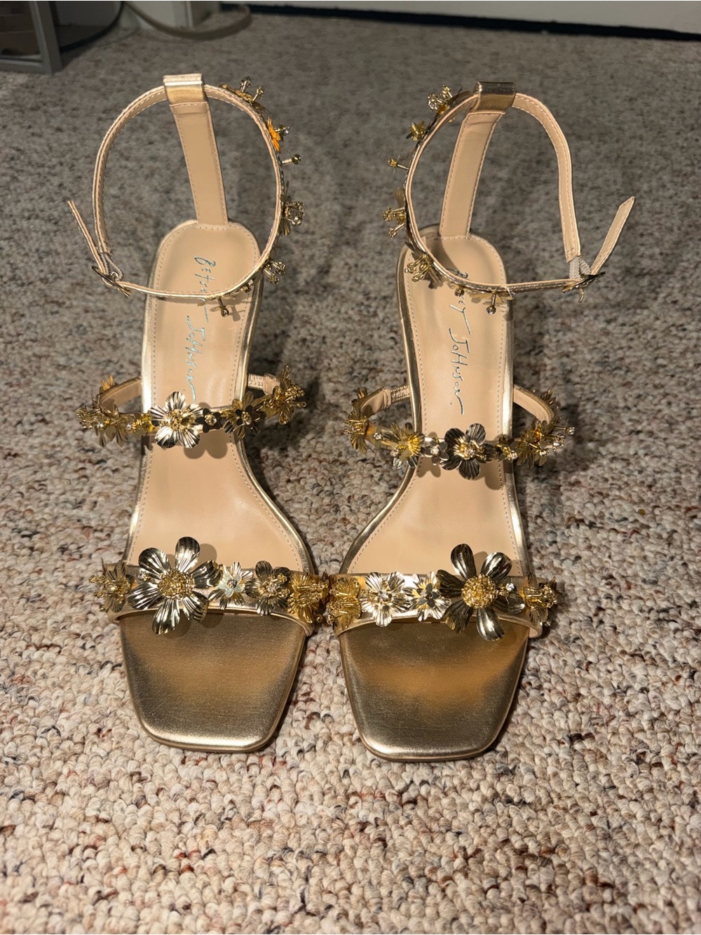 Betsey Johnson Metallic Gold Floral Pearl-Stack Heeled Sandals - Picture 2 of 6